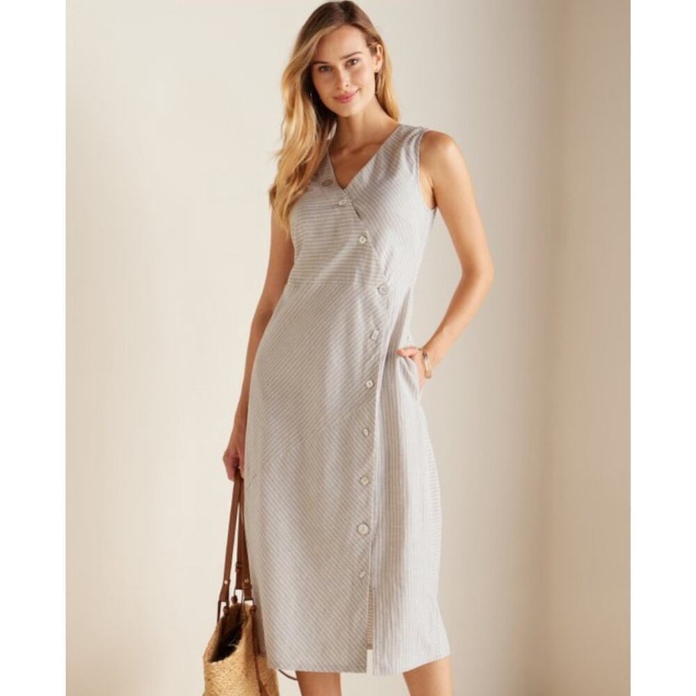 Soft Surroundings Tan Chasia Hemp/Cotton Midi Dress Mother Of Pearl Buttons M